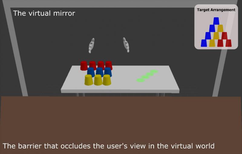 Depiction of cups on a table showing virtual mirror and barrier that occludes the user's view in the virtual world