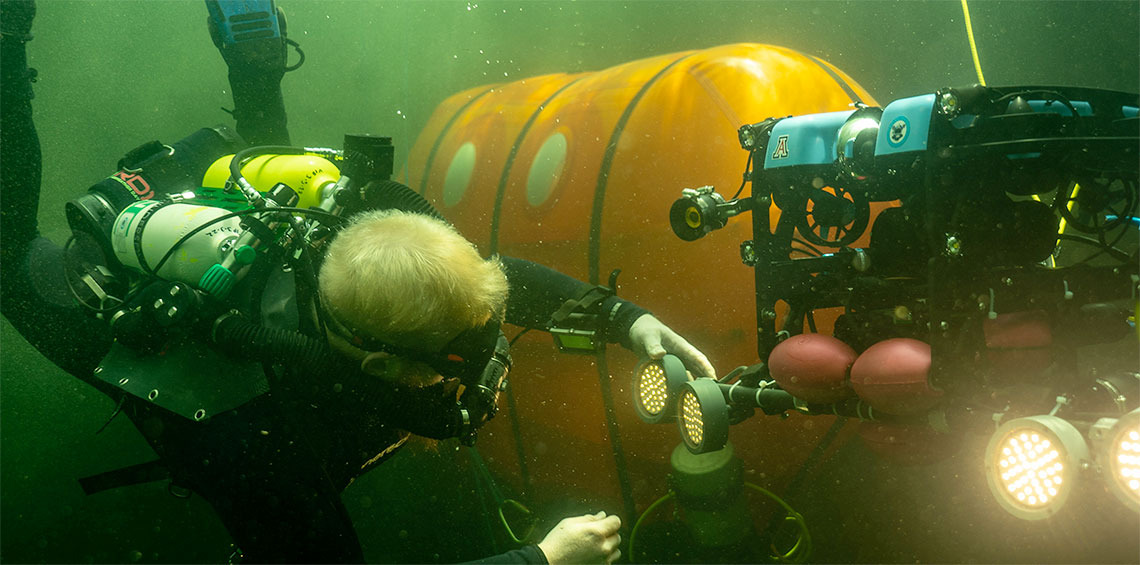 Underwater robot outside of Ocean Spact Habitat at Biosphere 2