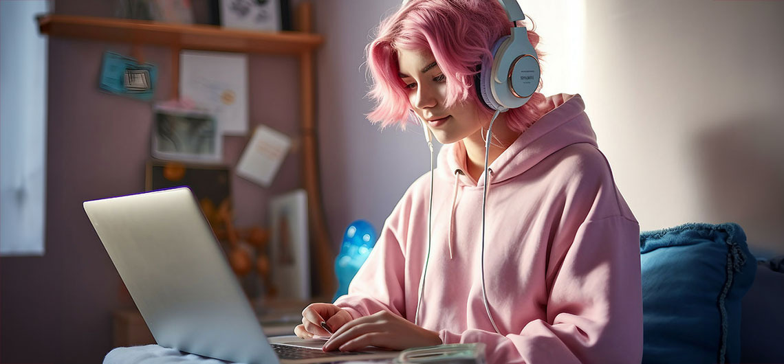 Student on laptop with headphones