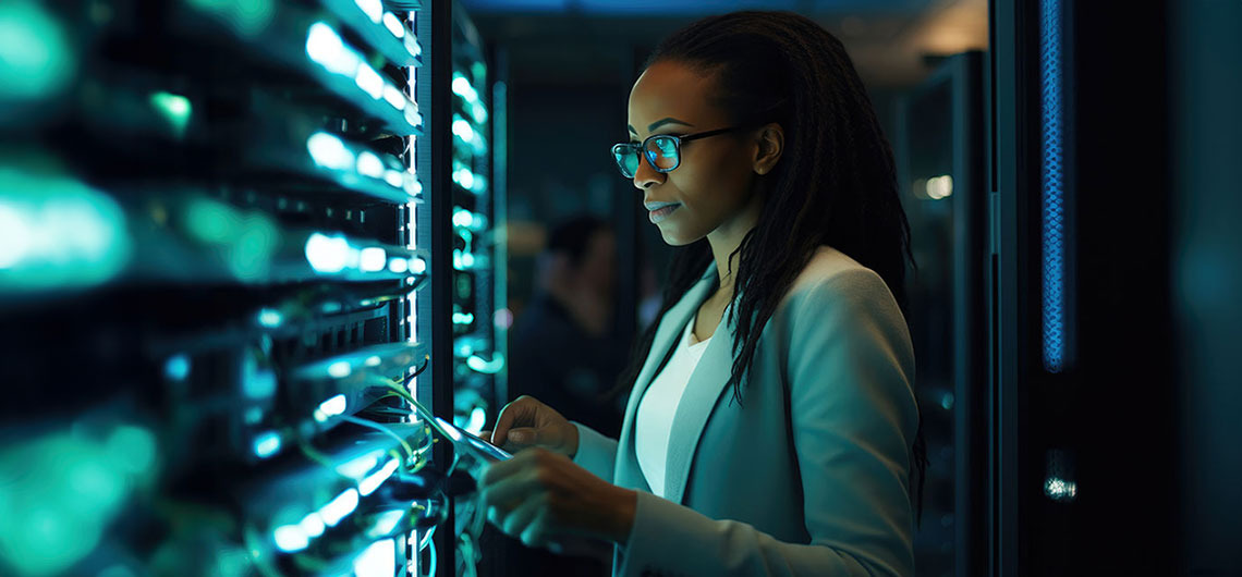 Professional woman working in data center