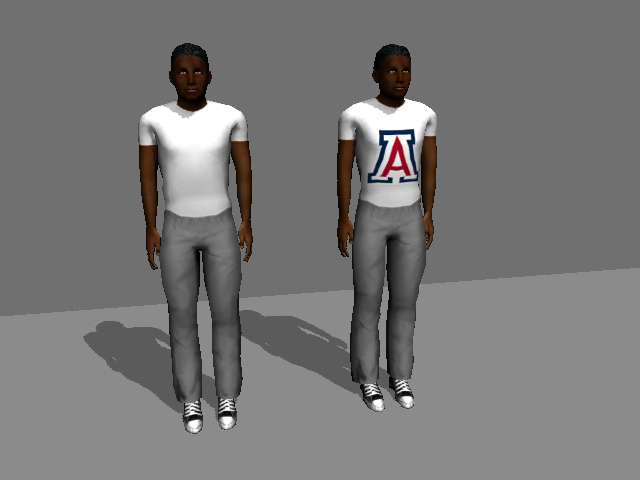Two virtual characters wearing white T-shirts, one with UA "A" logo